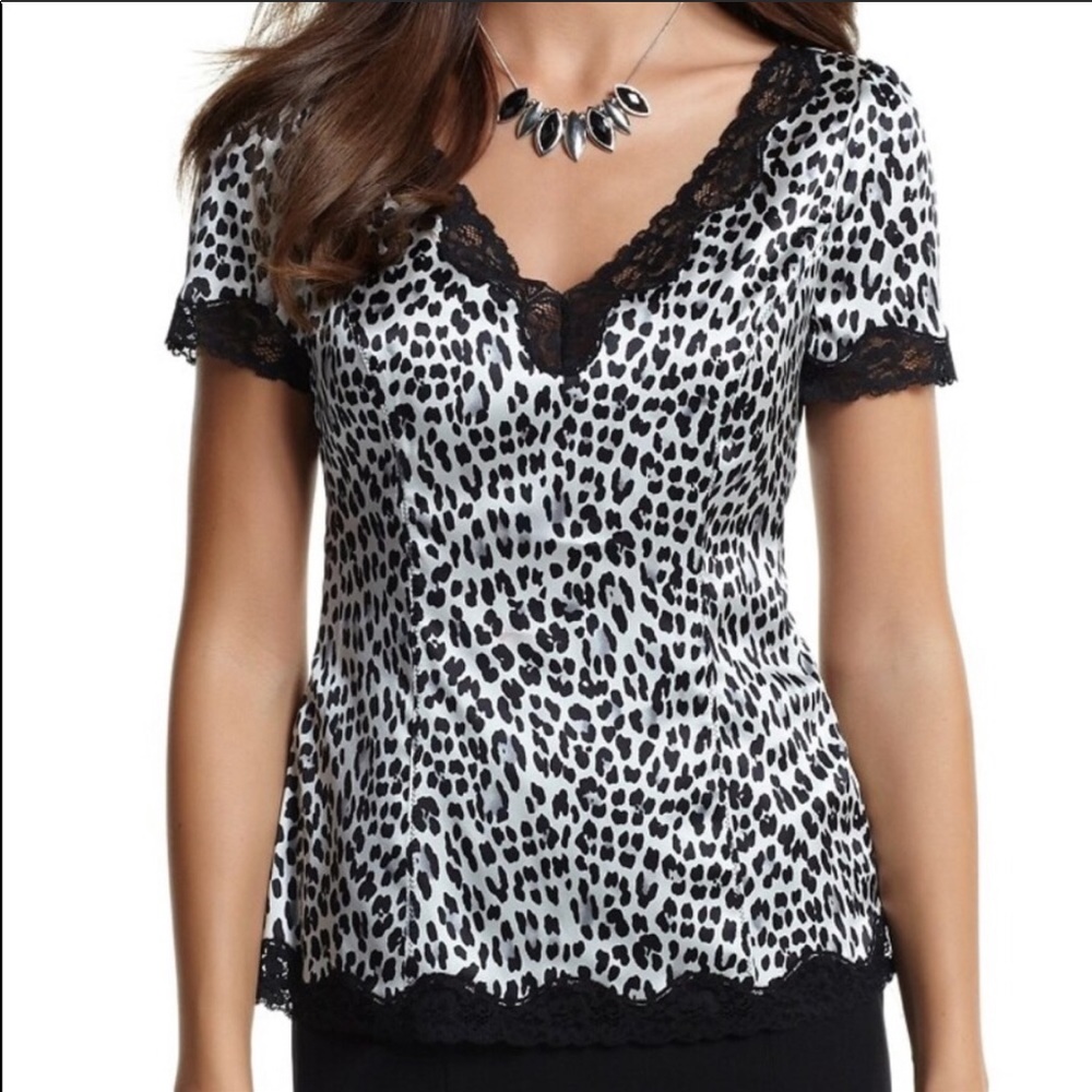 White House Black Market Satin Lace Leopard Blouse
